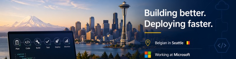 Seattle skyline with the Space Needle, Mount Rainier, and Peter's Building better, Deploying faster profile banner