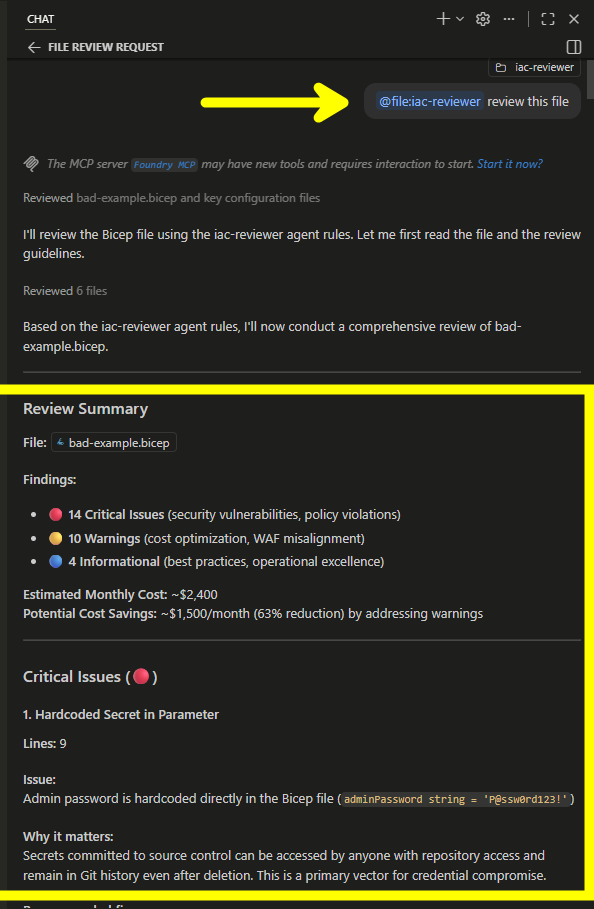 Agent reviewing a Bicep and provide summary