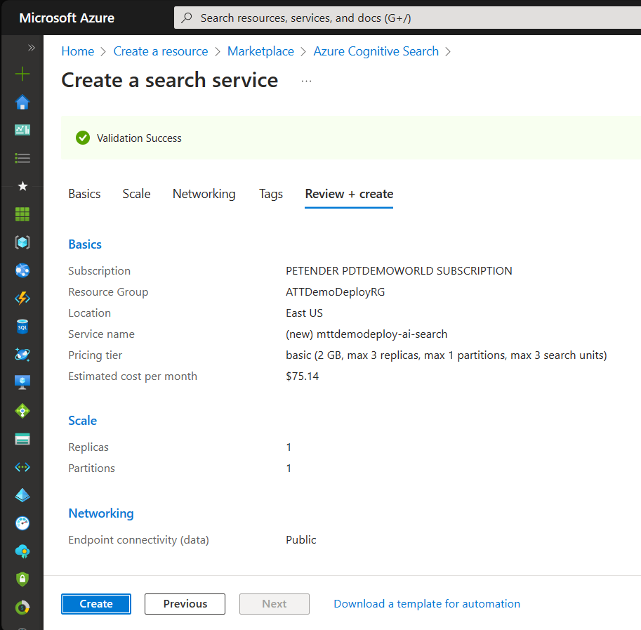 Create Cognitive search resource