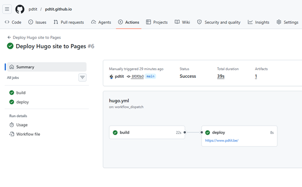 The GitHub Actions build and deploy workflow running green