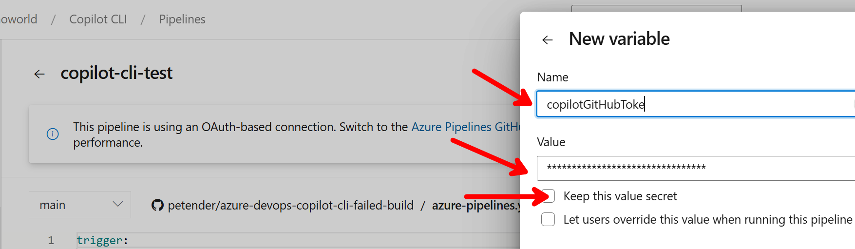 Secret variable configured in Azure DevOps