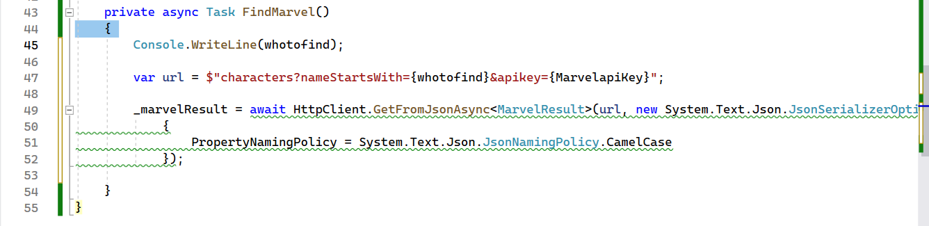 API Call snippet to Marvel back-end