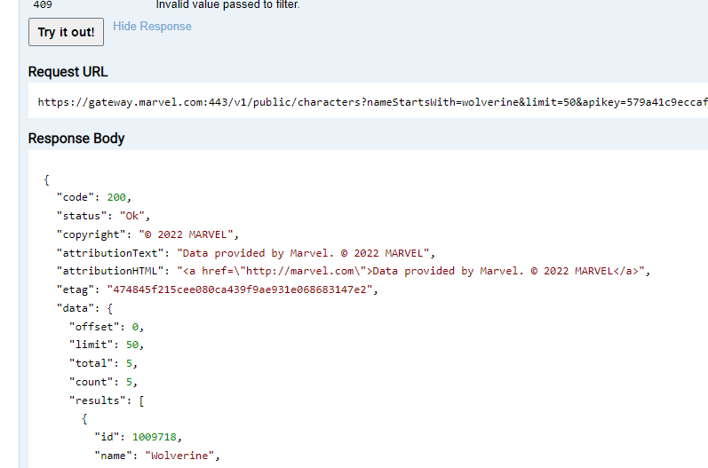 Marvel Characters JSON Response