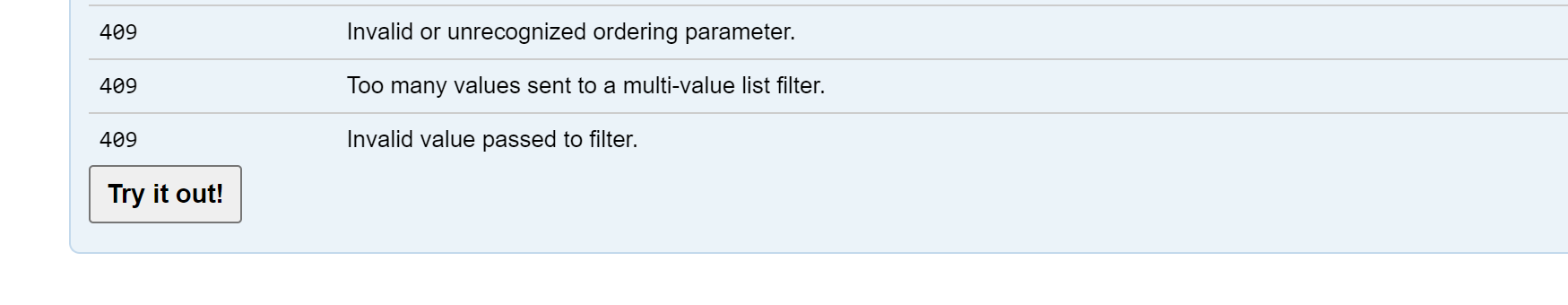 API response codes and try-out button