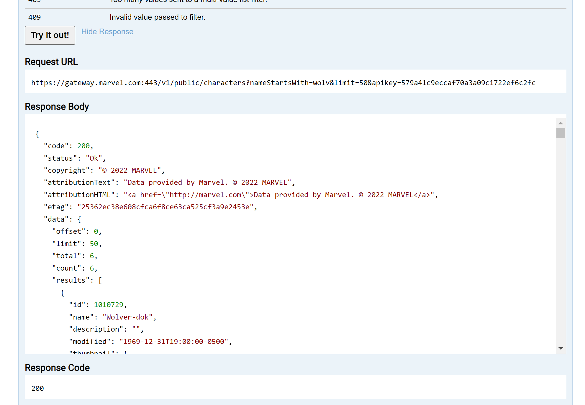 API Response Body in JSON