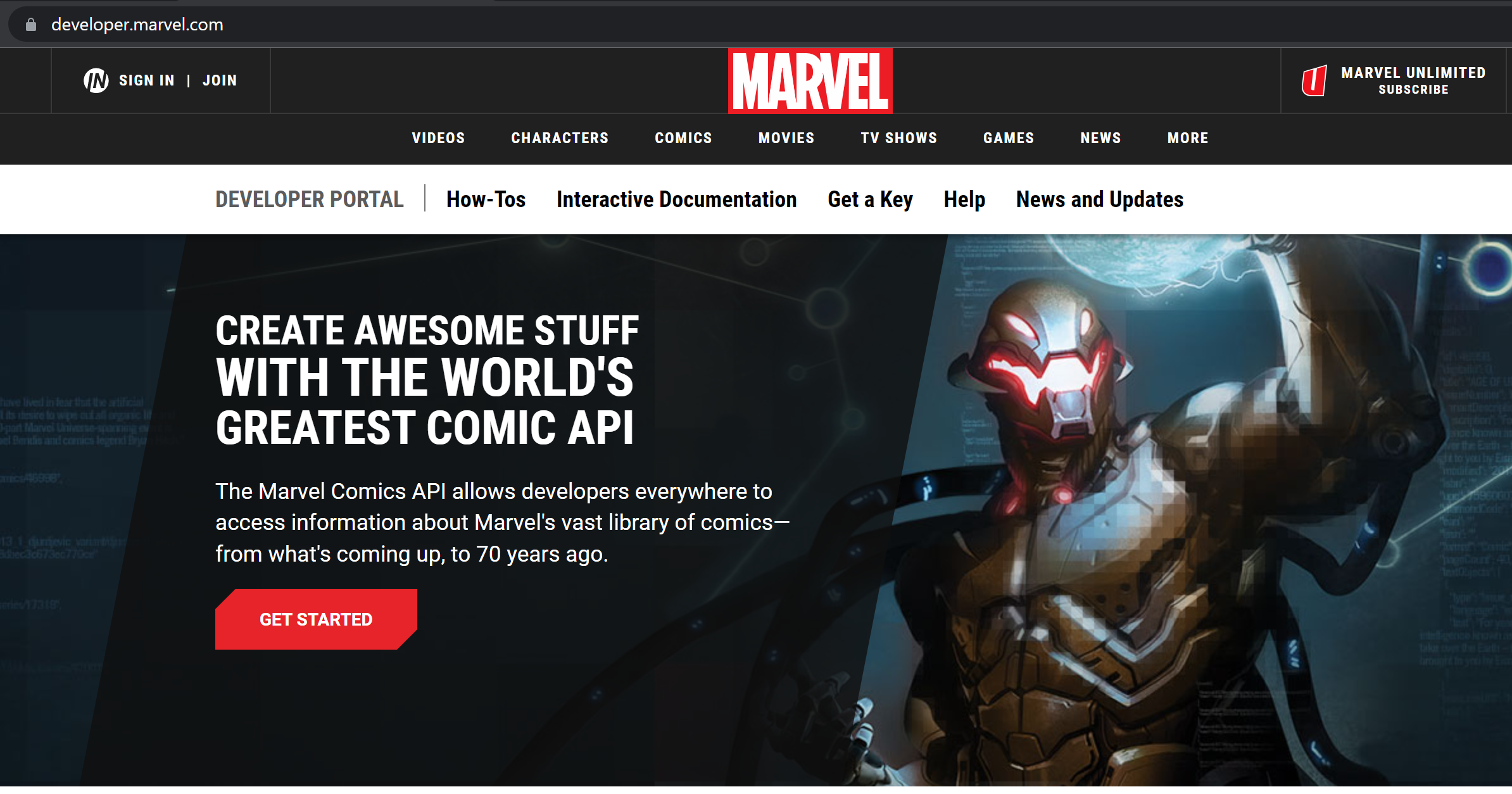 Marvel Developer Site Home Page