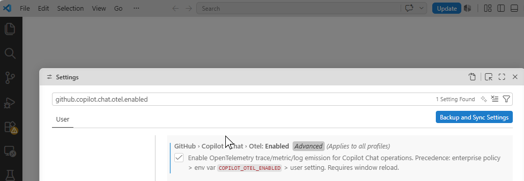 Github Copilot Chat Otel settings enabled